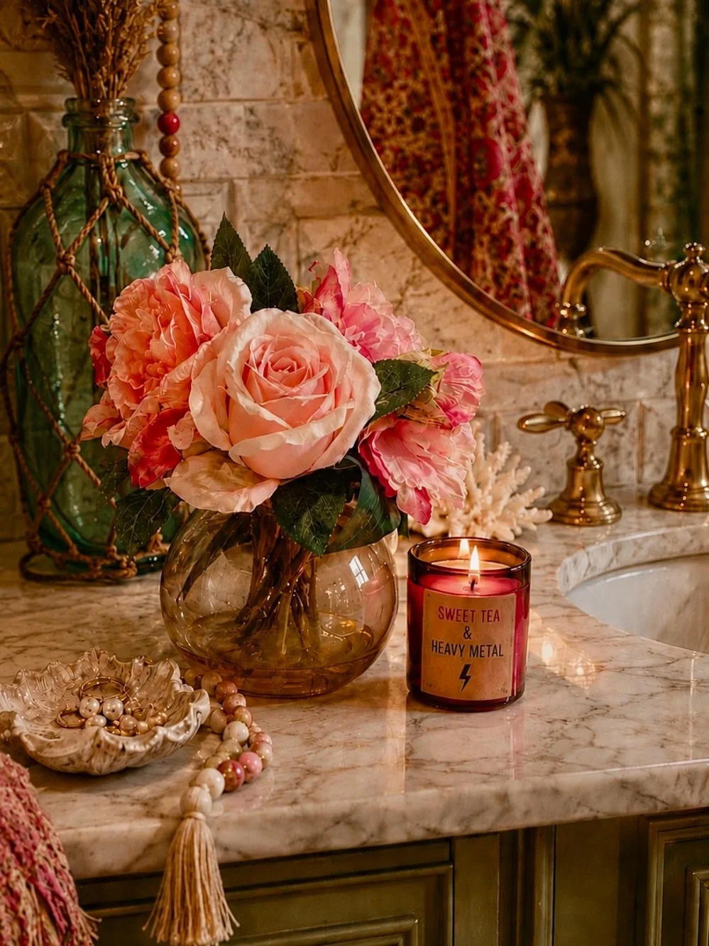Blush Pink Faux Rose Arrangement in Amber Glass Vase | Boho Coastal Vanity Decor